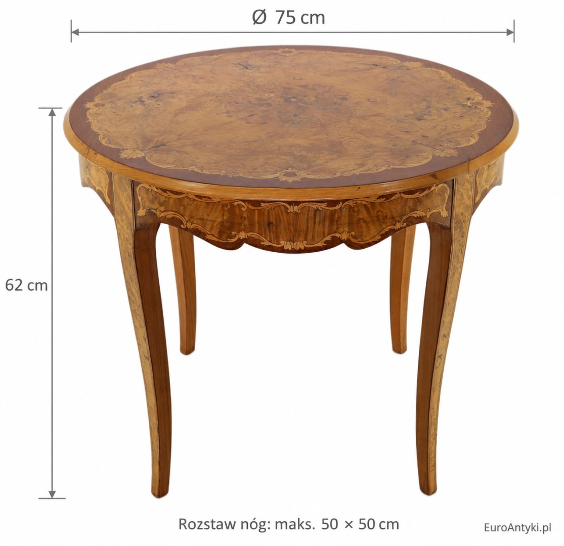 stolik z wymiarami: wysokość 62 cm, blat Ø 75 cm i rozstaw nóg maks. 50 × 50 cm